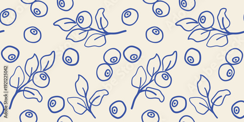 Abstract horizontal summer modern monochrome blue floral berry seamless pattern with blueberries on a branch on white background, simple cute vector hand-drawn illustration in flat style
