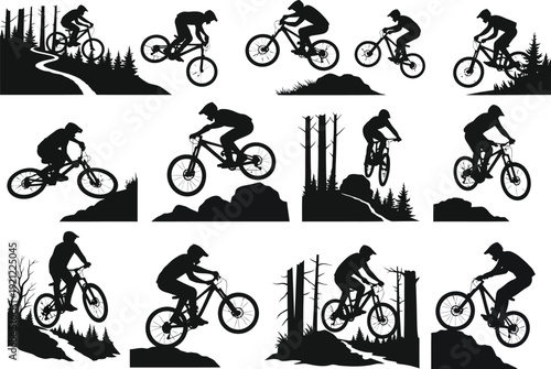Dynamic silhouette illustrations of mountain bikers performing extreme stunts and downhill riding in a forest