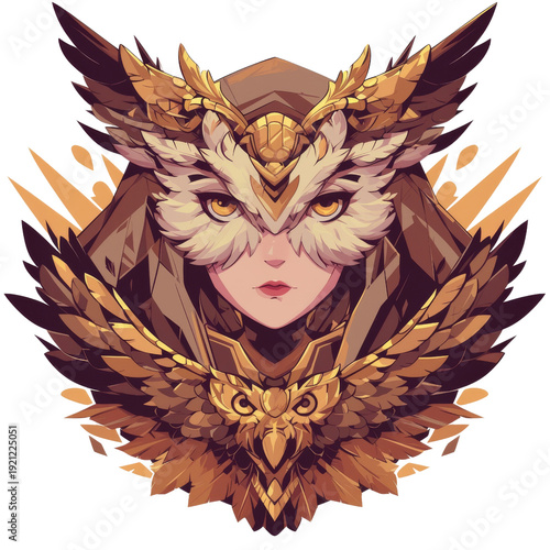 Stylized illustration of a mysterious female character with an elaborate golden owl mask and feathered attire, featuring intricate details and a regal aesthetic.