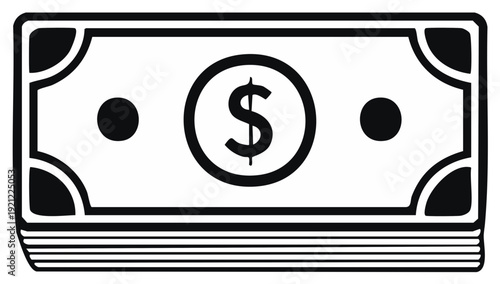 Black and White Illustration of a Stack of Dollar Bills with a Centered Dollar Sign