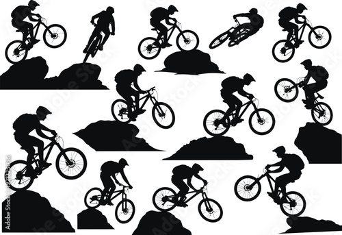 Action-packed silhouette illustrations of mountain bikers tackling challenging rocky terrain with dynamic jumps