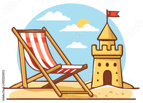 Beach scene illustration with a deck chair and sandcastle
