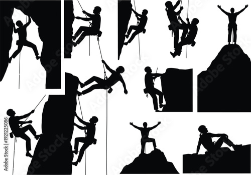 Dramatic silhouette illustrations of rock climbers ascending steep cliffs and celebrating summit success