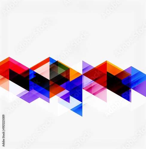 Abstract geometric design. Colorful triangles overlap creating dynamic pattern. Bright hues contrast with white background. Modern visual element.
