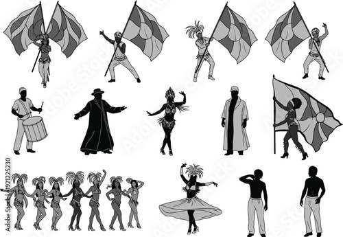 Black and white illustrations of carnival performers: dancers, flag bearers, and musicians in festive attire