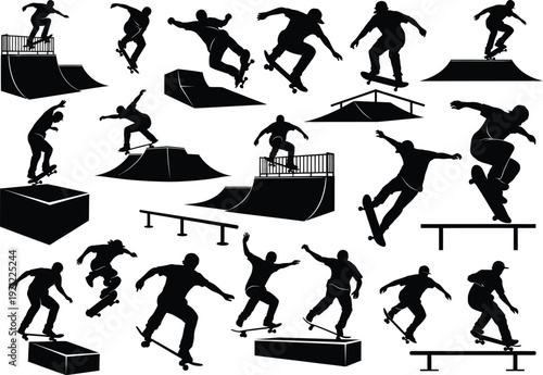 Collection of black silhouette vector illustrations of skateboarders performing various tricks and stunts on ramps and rails.