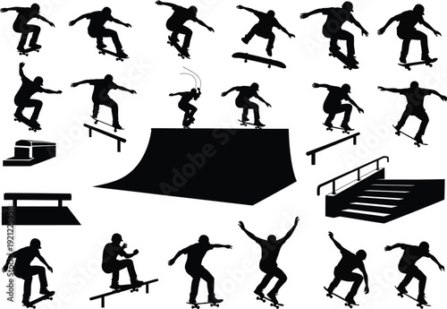 Set of black silhouette vector illustrations of skateboarders performing various tricks and maneuvers on obstacles and ramps.
