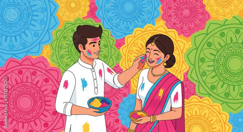 Young indian couple celebrating holi festival with colorful powder