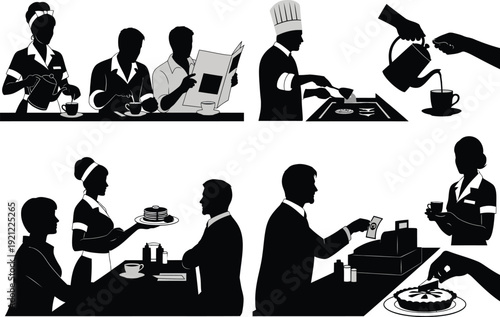 Silhouettes of people dining at a diner, including a waitress serving, customers eating and reading, and a chef cooking.
