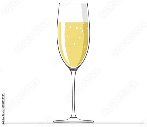 Champagne flute glass filled with bubbly golden sparkling wine beverage and effervescent bubbles