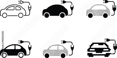 Electric car charging icons set, EV vehicle with plug cable, black silhouette eco transport technology illustration collection