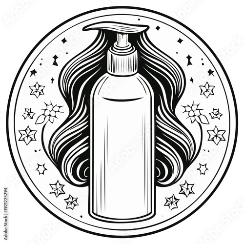 Line art of a pump bottle with flowing hair and floral elements in a circle