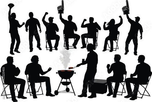 Silhouette of football fans celebrating at a tailgate party with grilling and foam fingers