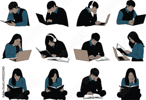 Collection of black and white silhouettes of people studying, reading books, and using laptops