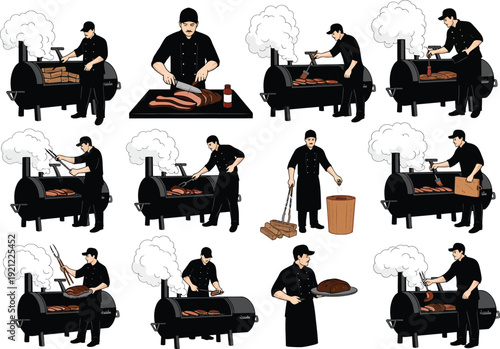 Barbecue pitmaster in black uniform demonstrating smoking and grilling techniques with meats