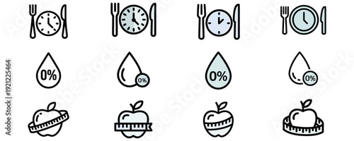 Minimalist modern absract concept set of line icons for diet and nutrition concepts with clocks utensils measuring tape apples and water drops on Transparent background