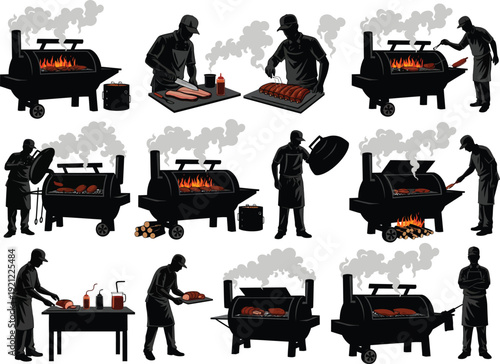 BBQ master chef demonstrating grilling and smoking various meats on a large smoker, illustrations