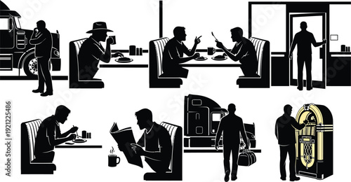 Silhouette of truck driver at a diner, with trucks, jukebox, and diner scenes