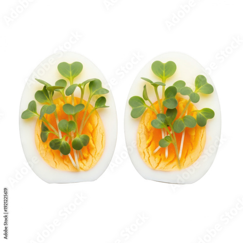 Two halves of a hard-boiled egg with microgreens on transparent background
