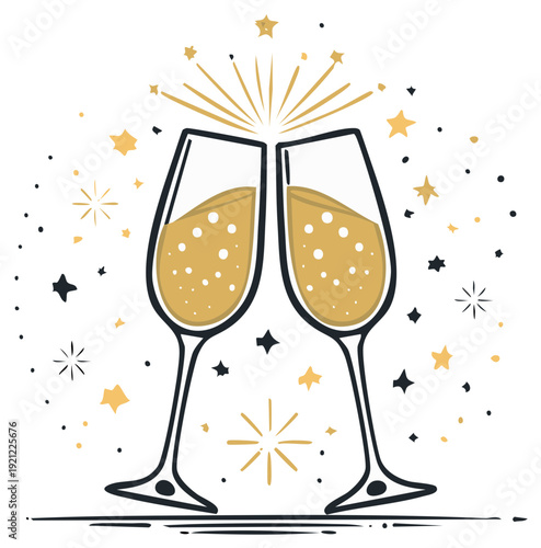 Festive toast with two sparkling champagne glasses and golden celebratory stars