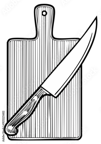 Vintage woodcut style illustration of a chef's knife on a wooden cutting board