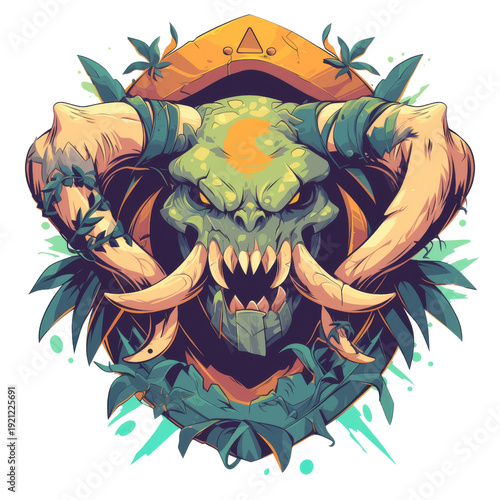 A stylized green monster skull with large tusks, horns, and sharp teeth, adorned with jungle leaves and a tribal shield background.