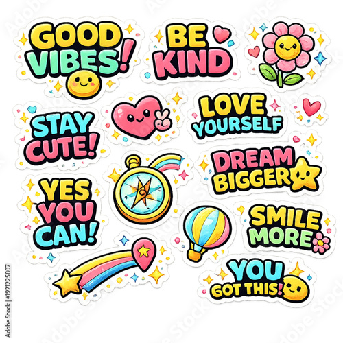 colorful motivational quote stickers, vibrant inspirational sticker set, positive affirmation decals, rainbow typography quote art, uplifting message sticker pack, bold gradient quote design, cheerful