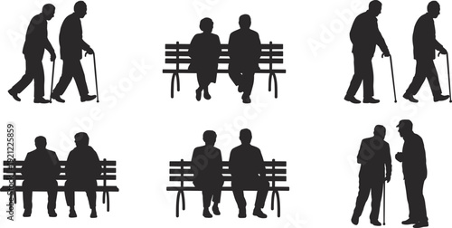 Senior people silhouettes set, elderly men walking with cane and sitting on bench, black shadow retirement illustration collection