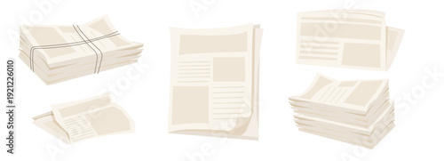 Newspaper pile, stack of magazines. News representing newspapers folded, news publications. Headline banner on the front page represents journalism, news, and print media.