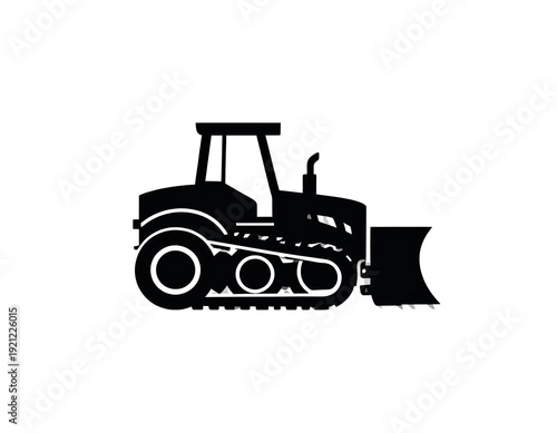 Silhouette of a bulldozer, with tracks, a blade, cabin, and exhaust, on a white background