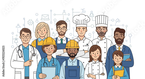 This professional workers team illustration represents teamwork, skilled labor, and occupational diversity through a friendly character style composition. The artwork features multiple professionals i