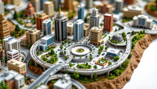 high resolution isolated miniature micro urban landscape featuring a hyper dense city core with micro solar grids, compact public plazas, and elevated rail systems