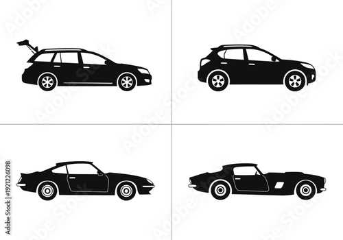 Black silhouette car icons collection with station wagon and modern suv and sports coupes