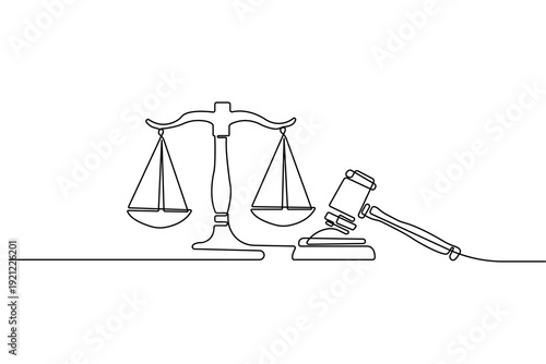 Lawyer gavel and judge hammer continuous one line drawing minimalist style isolate outline vector