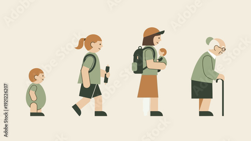 flat design illustration portraying the human life cycle from baby to child adult with infant and elderly person symbolizing growth family and the aging process.