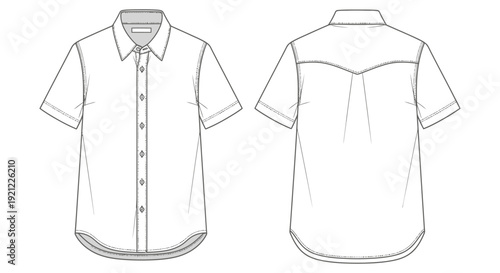 flat technical sketch of a mens short sleeve button up shirt detailing front and back views with a western yoke essential for fashion design tech packs.