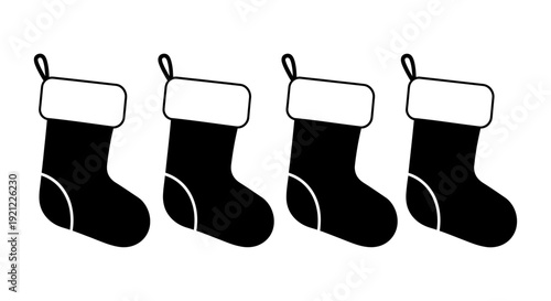 four black and white christmas stockings hanging a minimalist festive illustration for holiday season branding and winter celebration designs.