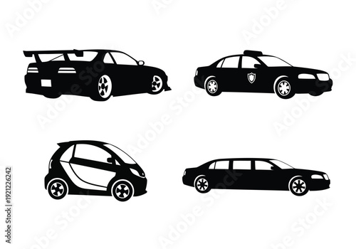 Collection of diverse black car silhouettes including sport, police, compact, and luxury models