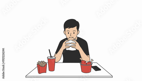 Man enjoying meal at table with various food and drinks from a straightforward view