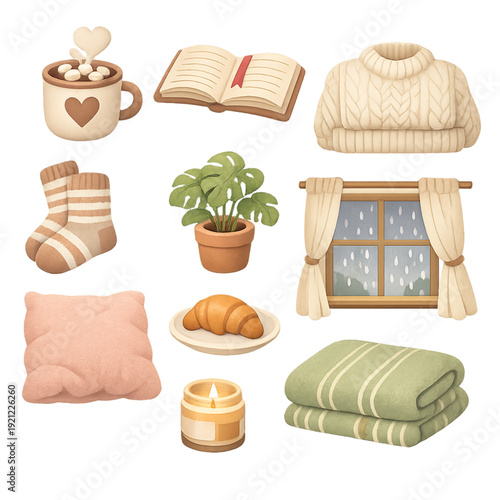 cozy moments on a rainy day, rainy day aesthetic, warm blanket and tea illustration, window with raindrops art, hygge lifestyle concept, soft lighting rainy afternoon, cozy home vibes graphic, peacefu