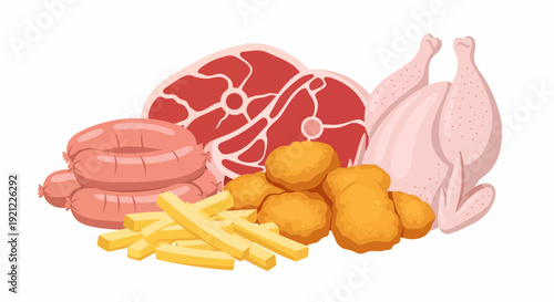 Assorted meat products and fried food items displayed together on a clean white background from a straightforward viewpoint