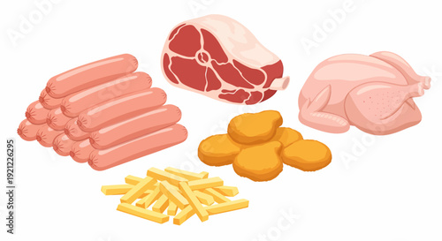 Assorted meat products and fries arranged together on a clean white background