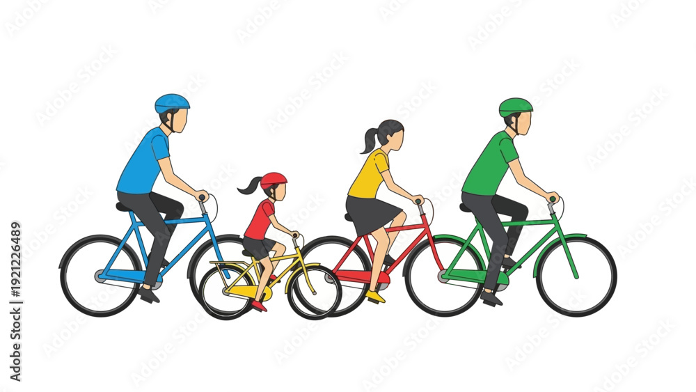 Obraz premium family of four riding bikes with helmets promoting active lifestyle outdoor recreation family togetherness and fun.