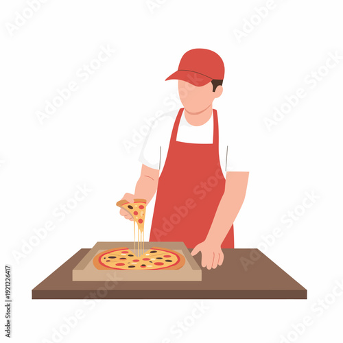 A man in a red apron and cap serving a pizza from a box on a table