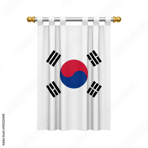 The flag of South Korea on a white curtain with a gold rod on transparent background
