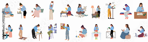 Diverse women engaged in productive activities: studying, journaling, planning, and self-care for personal development, education, and mindfulness at home and in academic settings.