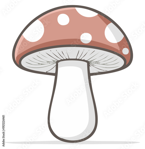 Cute cartoon mushroom with pink cap and white spots on a white background