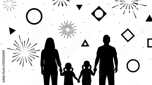 family silhouette parents and children holding hands gazing at abstract shapes and festive fireworks for new years eve.