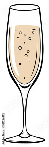 A tall flute glass filled with sparkling champagne and rising bubbles