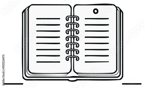 Open notebook with lined pages and spiral binding in a hand drawn illustration